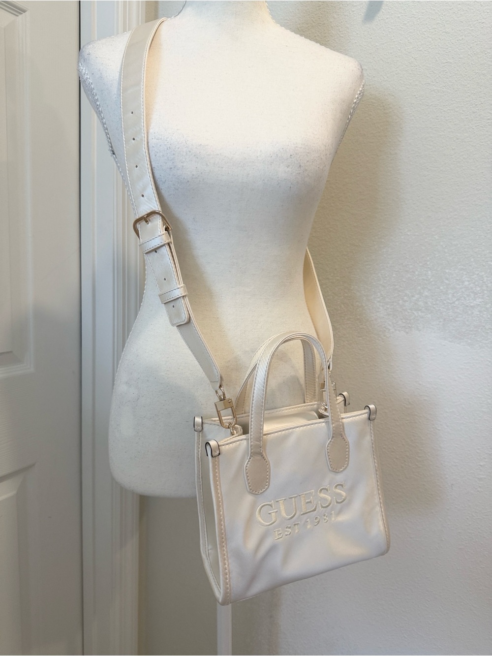 GUESS Cream Mini Tote Crossbody with Embroidered Logo